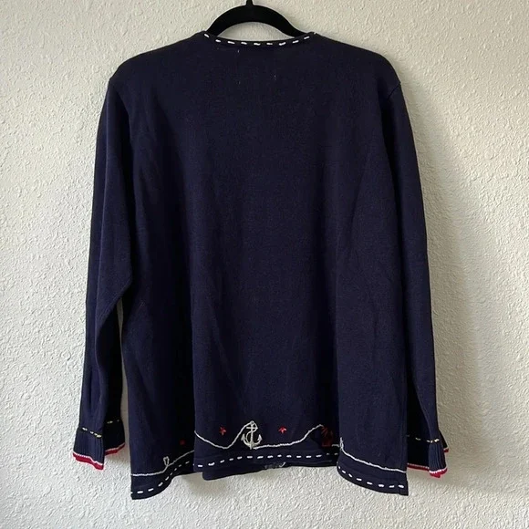 Fisherman Granny Storybook Knit Navy Nautical Anchor Full Zip Cardigan Size 1X - Picture 5 of 7